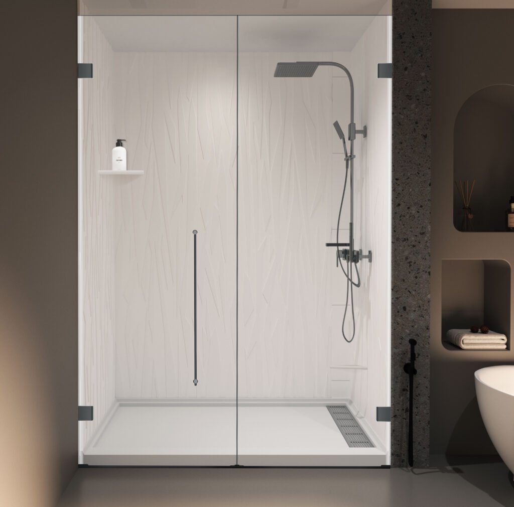 * Anhe Shower Wall seamless white shower panel in modern bathroom