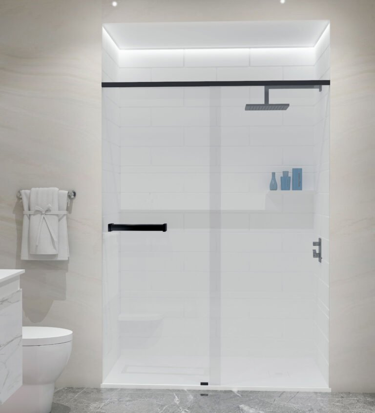 * Anhe Shower Wall seamless white shower panel in modern bathroom