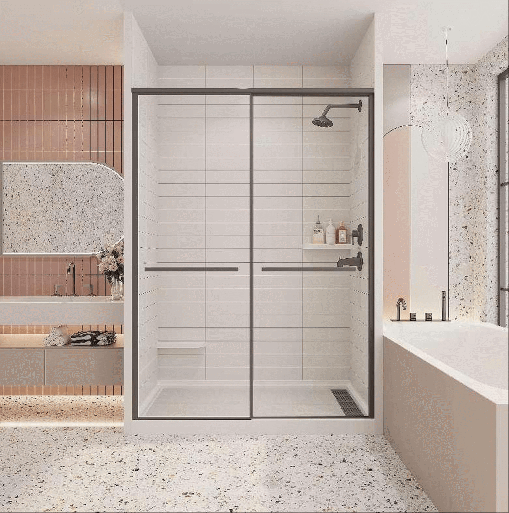 * Anhe Shower Wall seamless white shower panel in modern bathroom