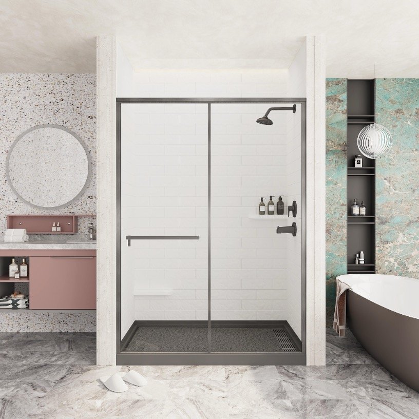 * Anhe Shower Wall seamless white shower panel in modern bathroom