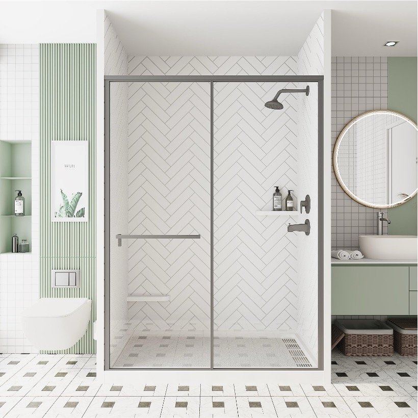 * Anhe Shower Wall seamless white shower panel in modern bathroom