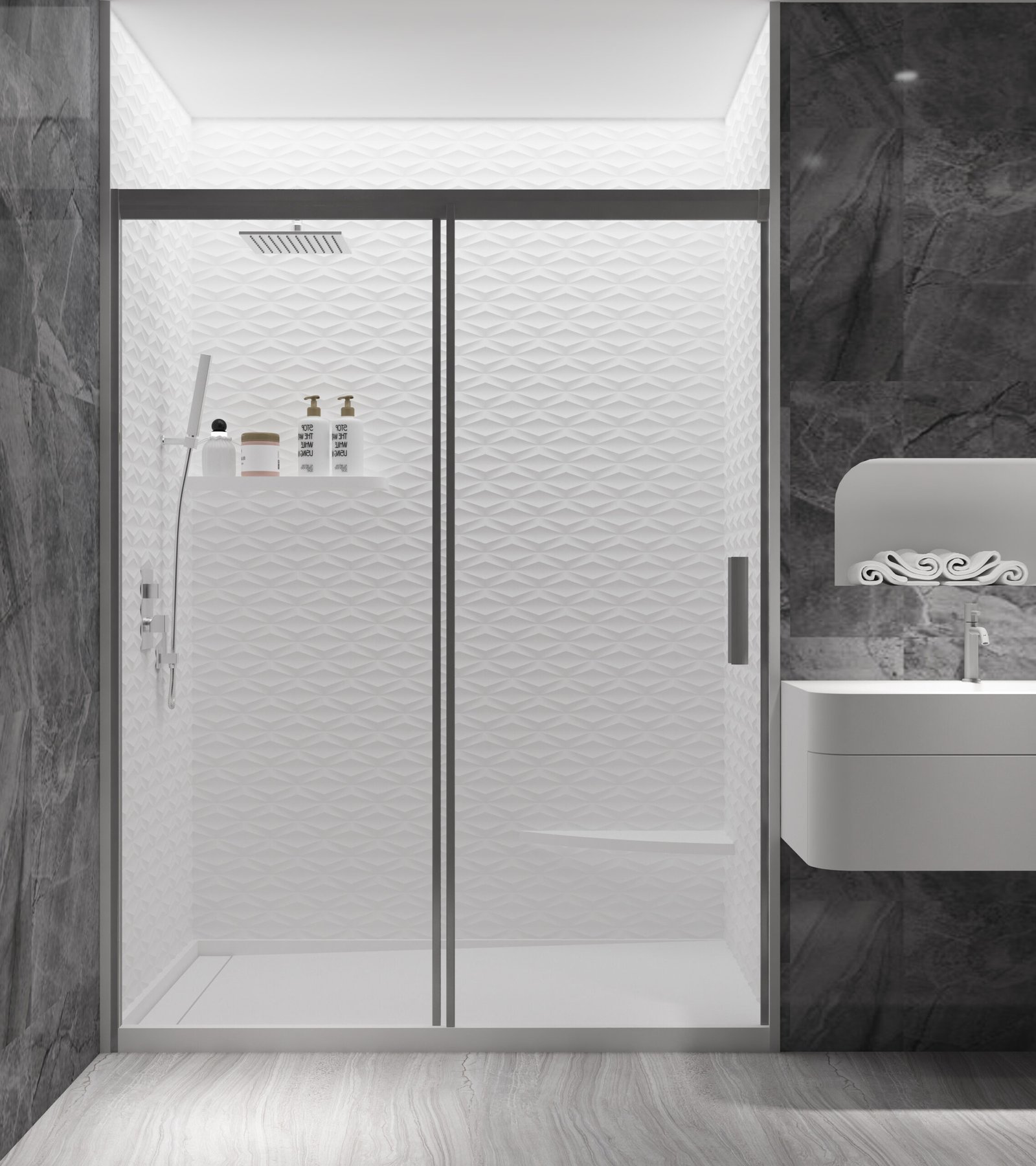         * Anhe Shower Wall seamless white shower panel in modern bathroom