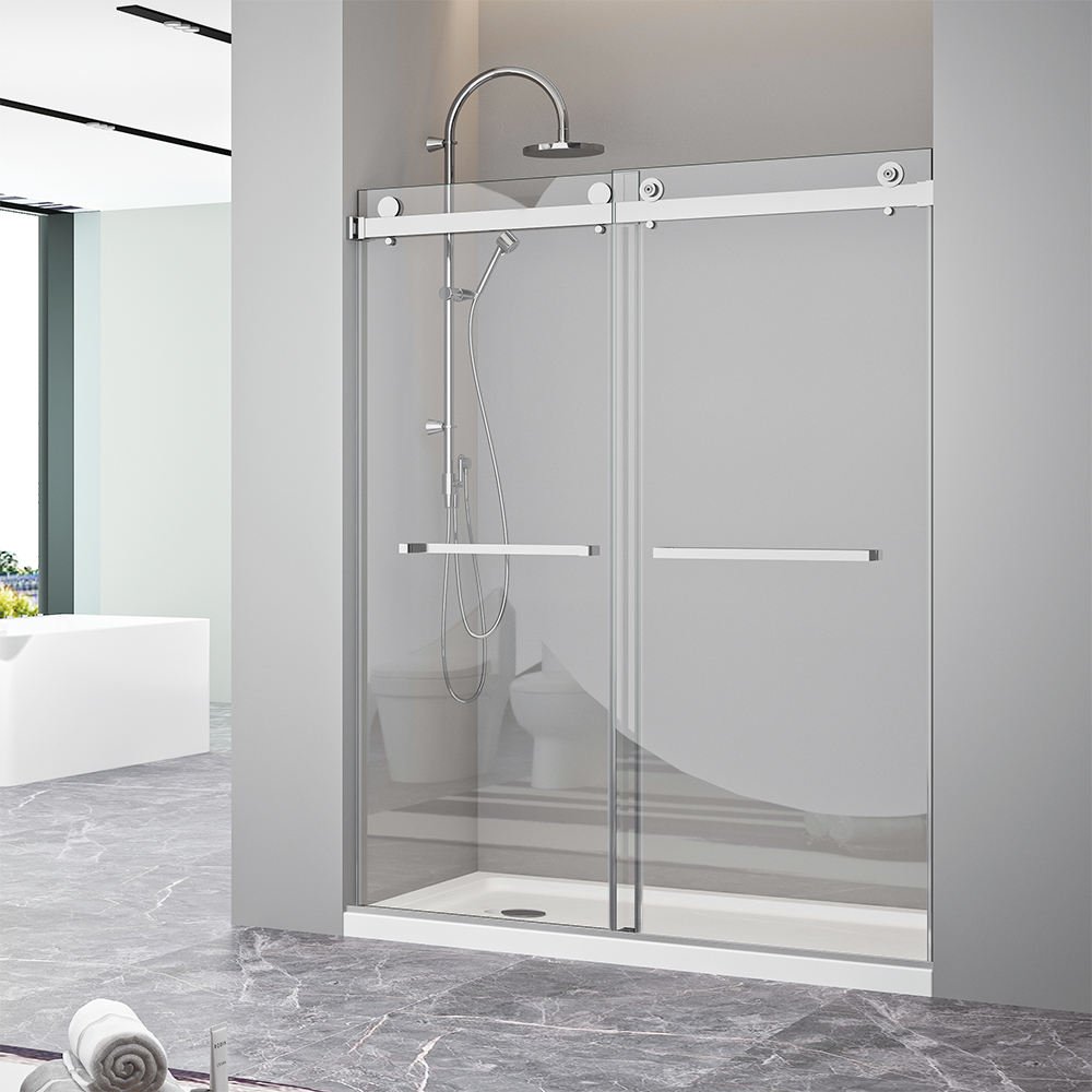 Anhe frameless glass shower door in a contemporary hotel suite