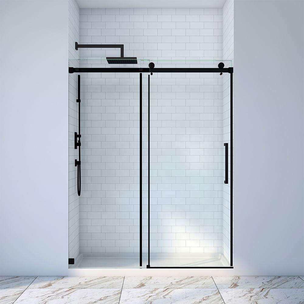 Anhe frameless glass shower door in a contemporary hotel suite