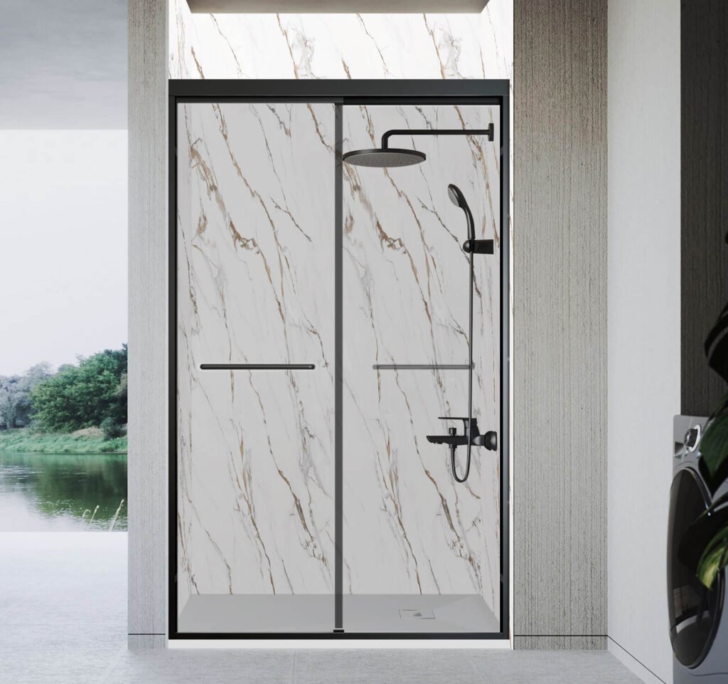 * Anhe Shower Wall seamless white shower panel in modern bathroom