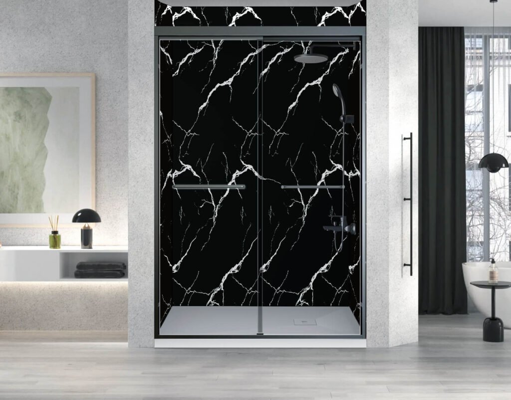 * Anhe Shower Wall seamless white shower panel in modern bathroom